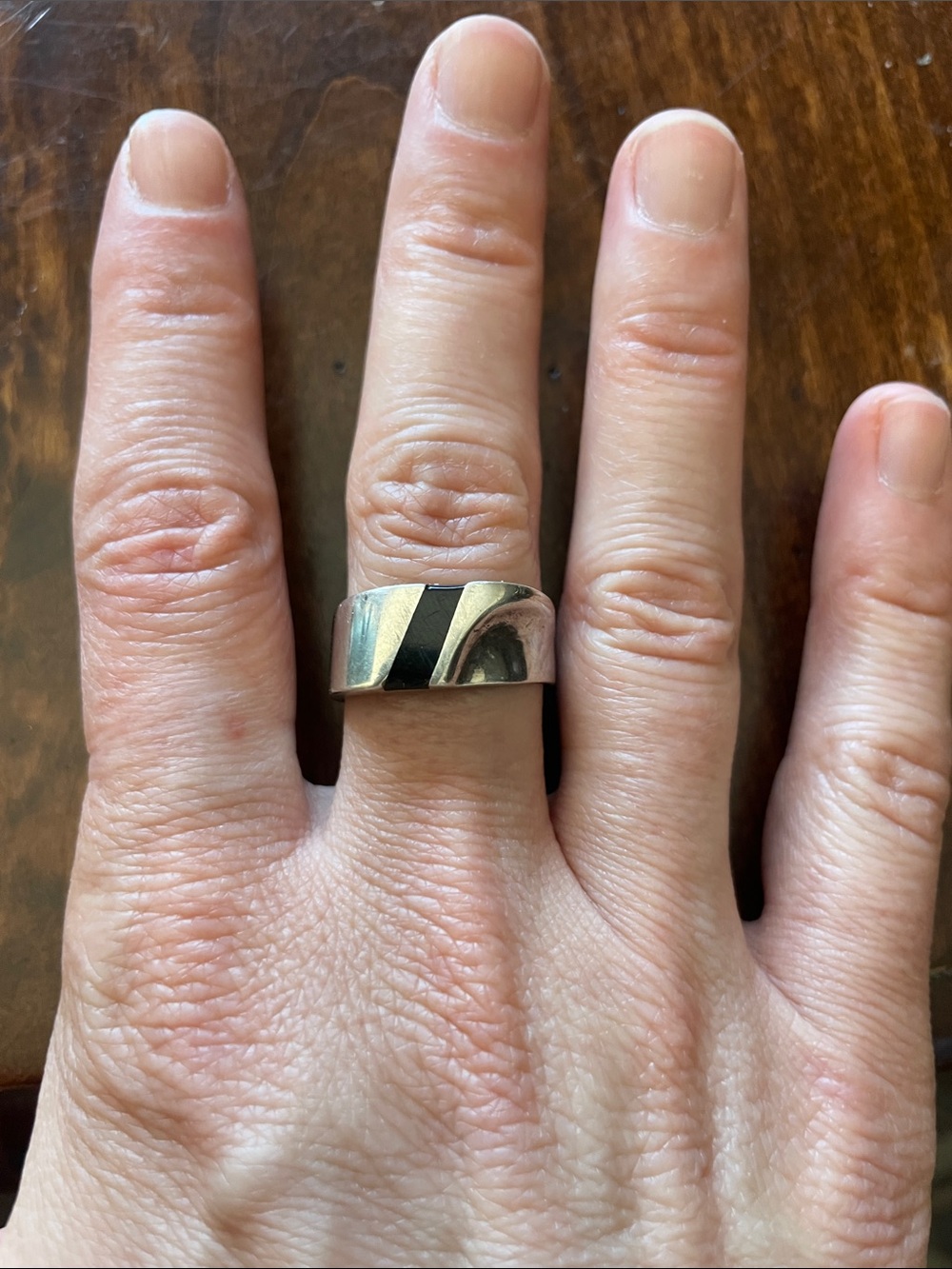 Sterling Silver Wide Band Ring with Black Stripe - Women Jewelry